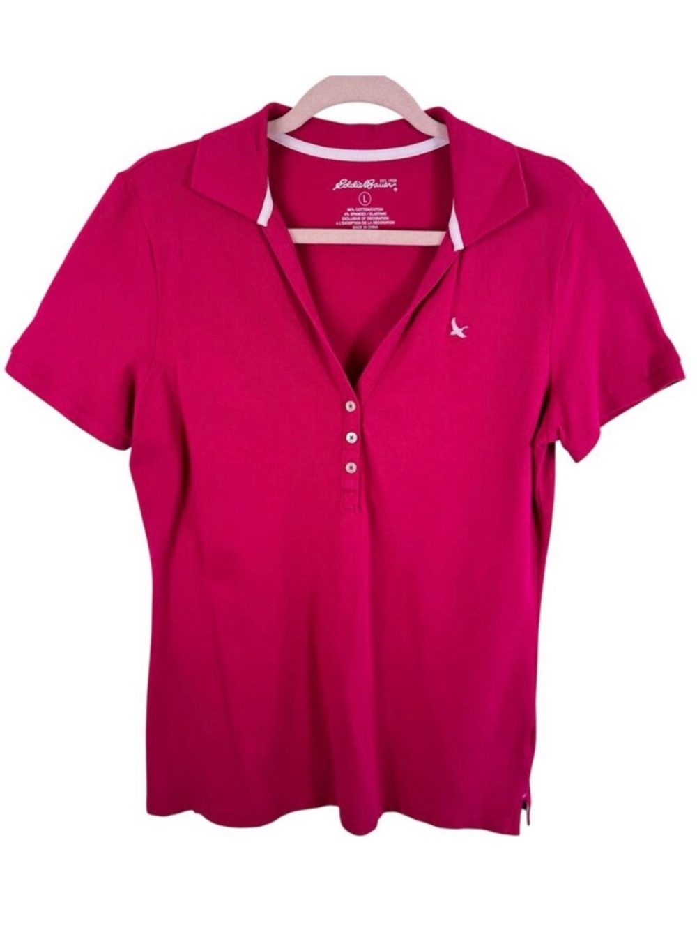 Eddie Bauer Cotton Pink Short Sleeve Collared V-Neck 1/4 Button Polo Size Large